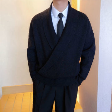 Wiaofellas Men's Autumn/winter Style Solid Color Large V-neck Lapel Personality Sweater Temperament Commuter Loose Casual Sweater Coat